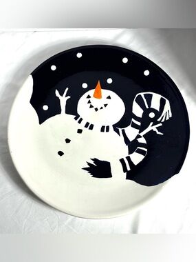 Hand-Painted Snowman Ceramic Plate in Black, White & Orange